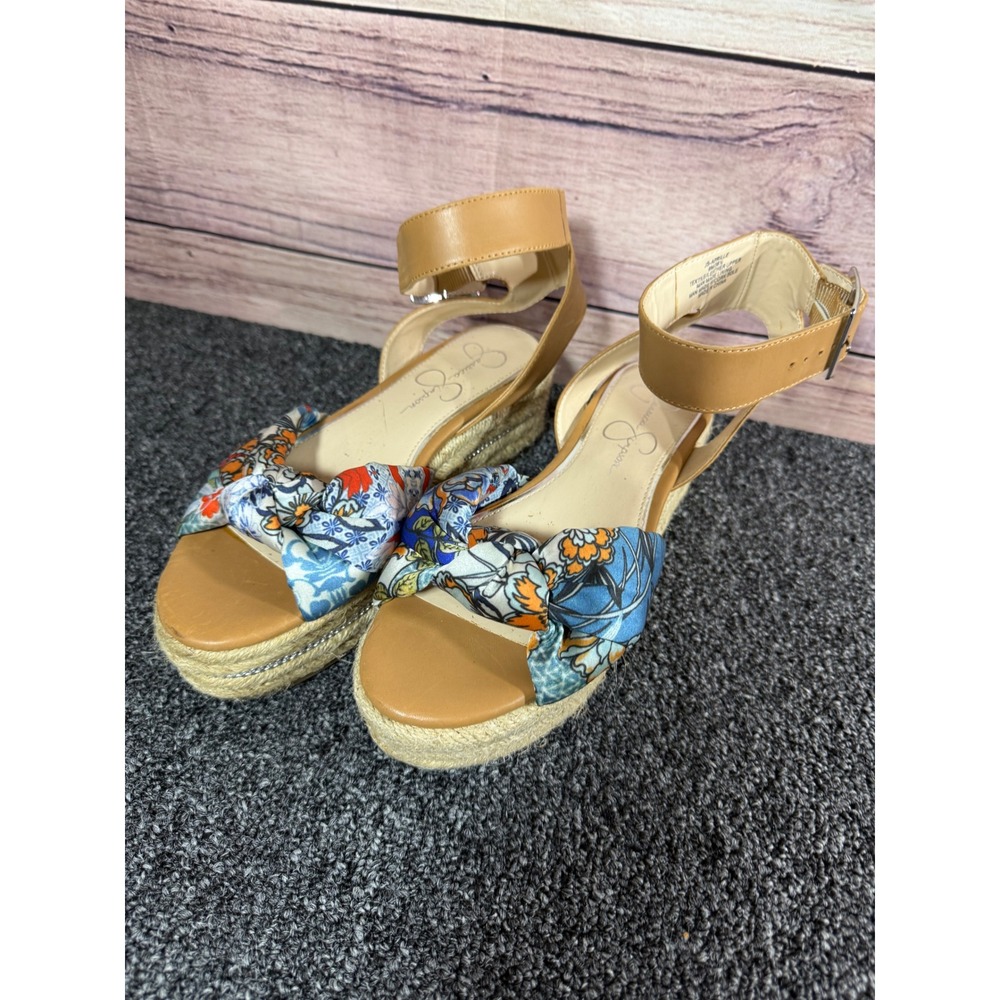 Jessica Simpson Adabelle Floral Espadrille Platform Wedge Sandals Tan Blue 6M